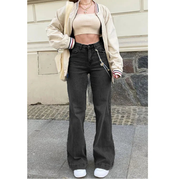 Hnewly Women Denim Flared Pants Casual Solid Color Stretchy High Waist Bell Bottom Jeans Streetwear Baggy Jeans For Women Trousers Y2K