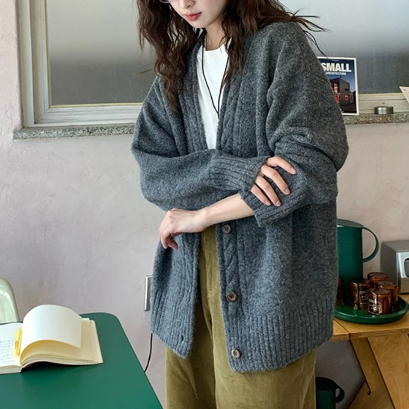 Hnewly  Slouchy Knit Cardigan Sweater for Women Comfy Cable-knit Button Up Sweater Jacket Female Autumn Winter Vintage Outfit