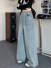 Hnewly  Elastic Waist High Waist Wide Leg Jeans for Women Loose Straight Blue Long Denim Pants Female Fashion Streetwear Jeans