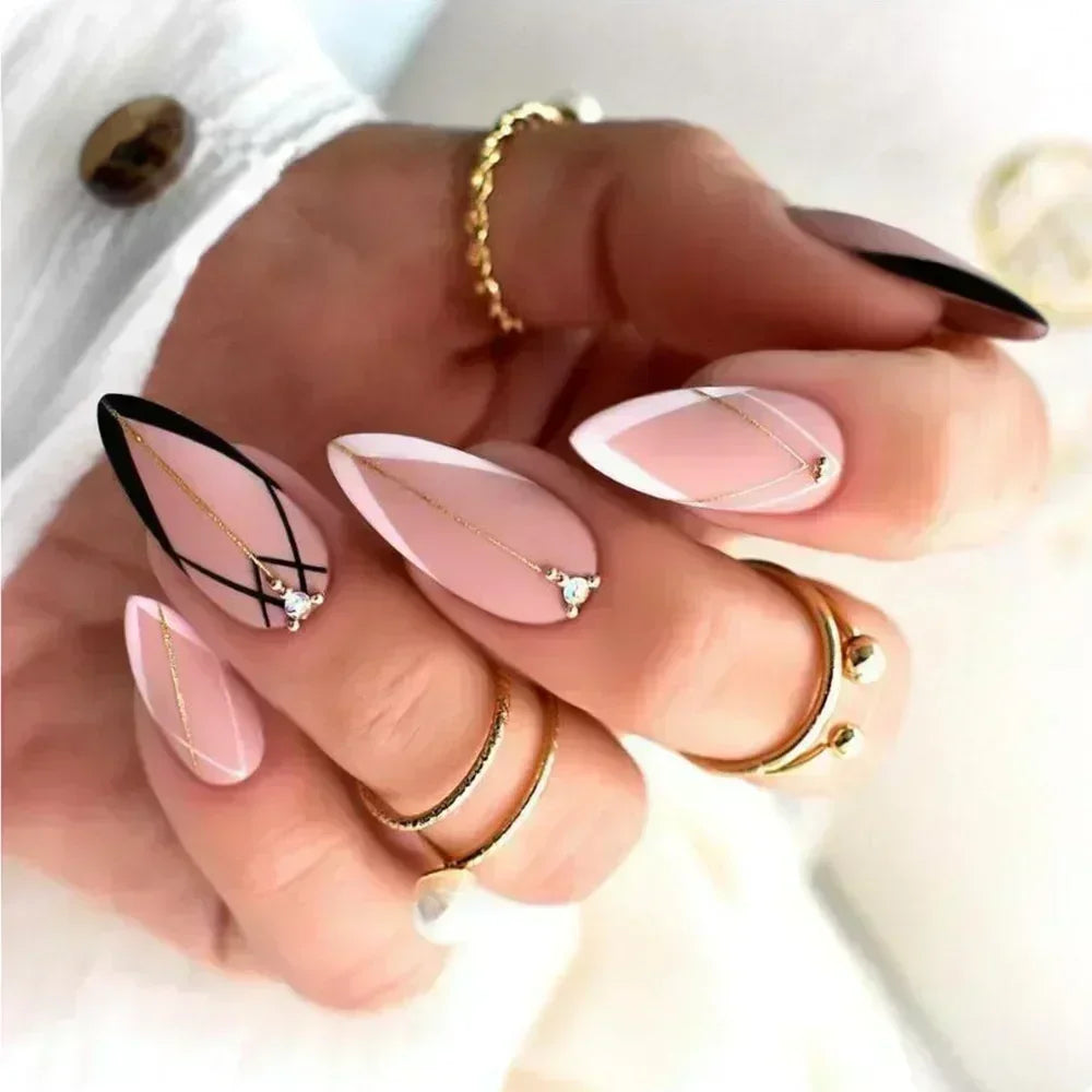 Hnewly 24Pcs French Almond False Nails Glitter with Rhinestones Wearable Fake Nails Artificial Simple Full Cover Press on Nails Tips