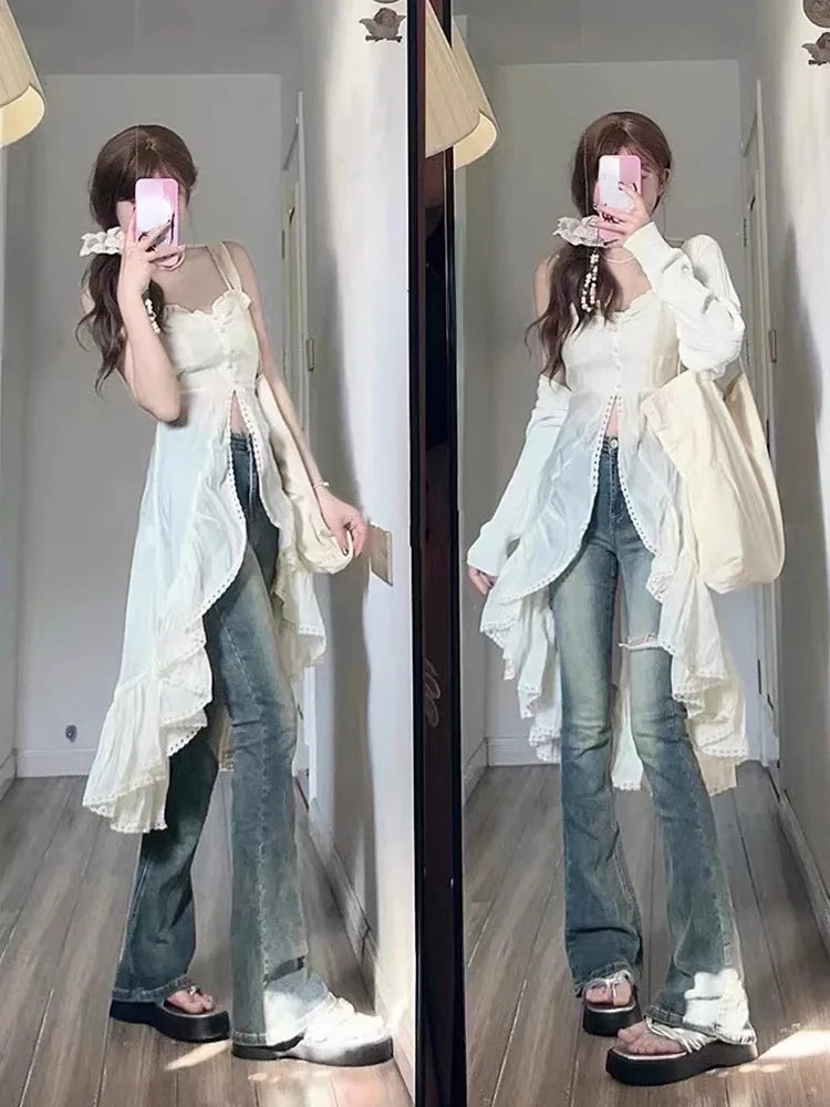 Hnewly 2000s Vintage Y2k Clothing Korean 2 Piece Skirts Sets Women Casual Y2k Crop Top Blouse + Strap Mini Dress Japanese Beach Party