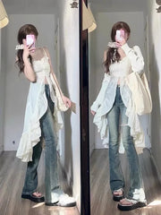 Hnewly 2000s Vintage Y2k Clothing Korean 2 Piece Skirts Sets Women Casual Y2k Crop Top Blouse + Strap Mini Dress Japanese Beach Party