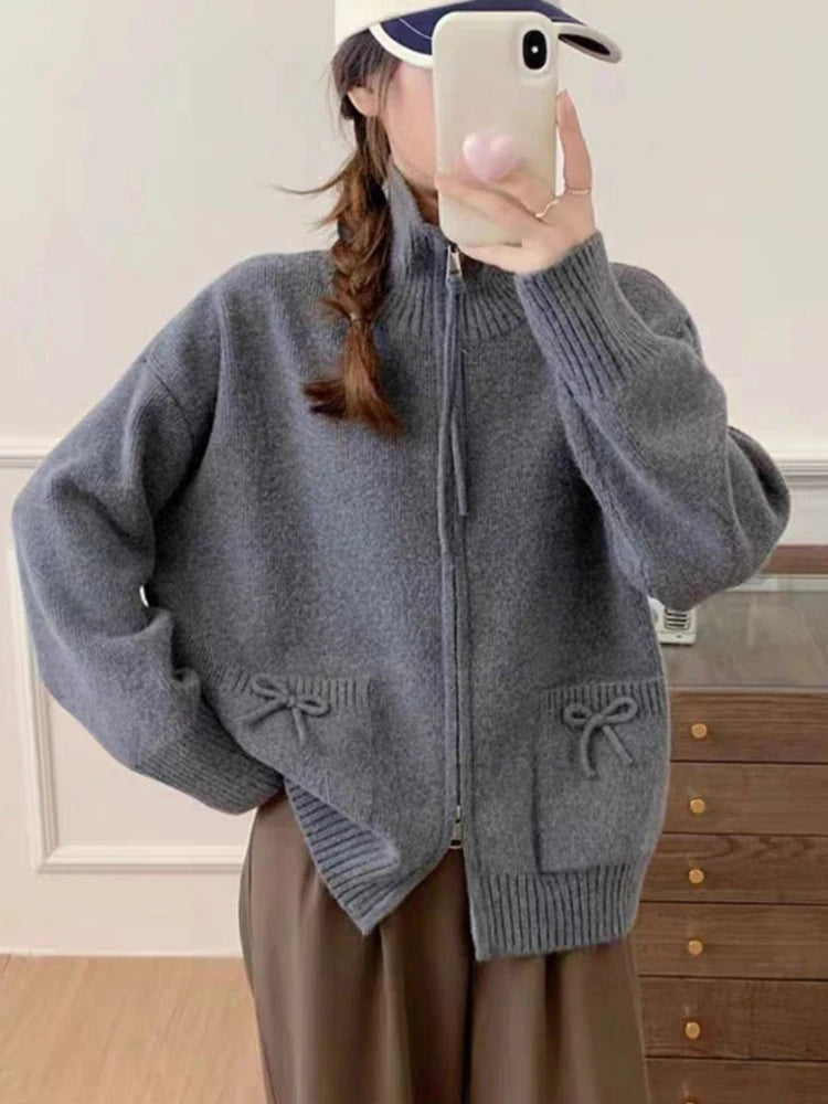 Hnewly  Korean Bow Cardigan Women Lazy Wind Double Zipper Long Sleeve Knitted Jacket Vintage Sweet Casual Preppy Style Tops Coat