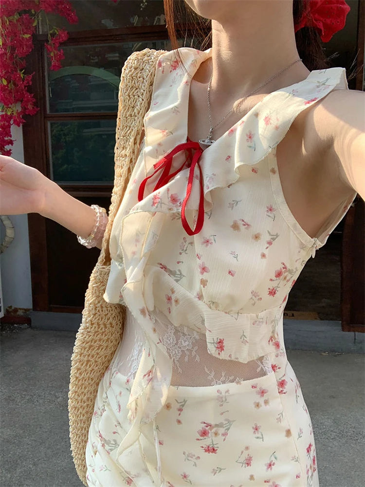 Hnewly Sweet Floral Patchwork Dress for Women Summer Elegant Ruffled Slit Dress Y2K Fashion Lace Up Bow Beach Vacation Party Vestidos