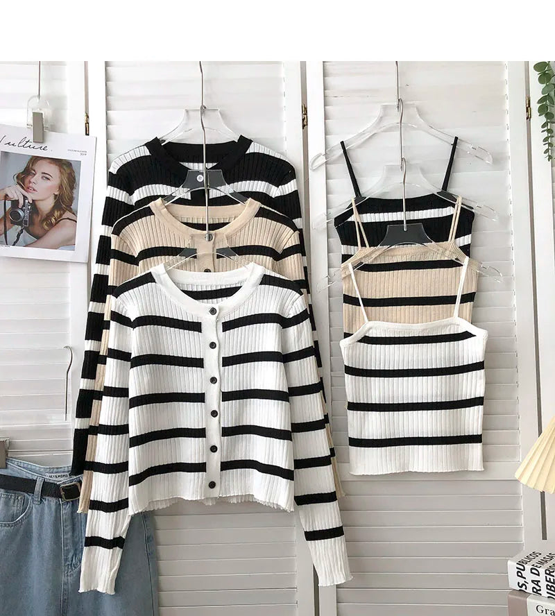 Hnewly  Women's Striped Knitting Cardigan Single Breasted Long Sleeved Sweater+Spaghetti Straps Vest Spring Autumn Korean Top 2pcs