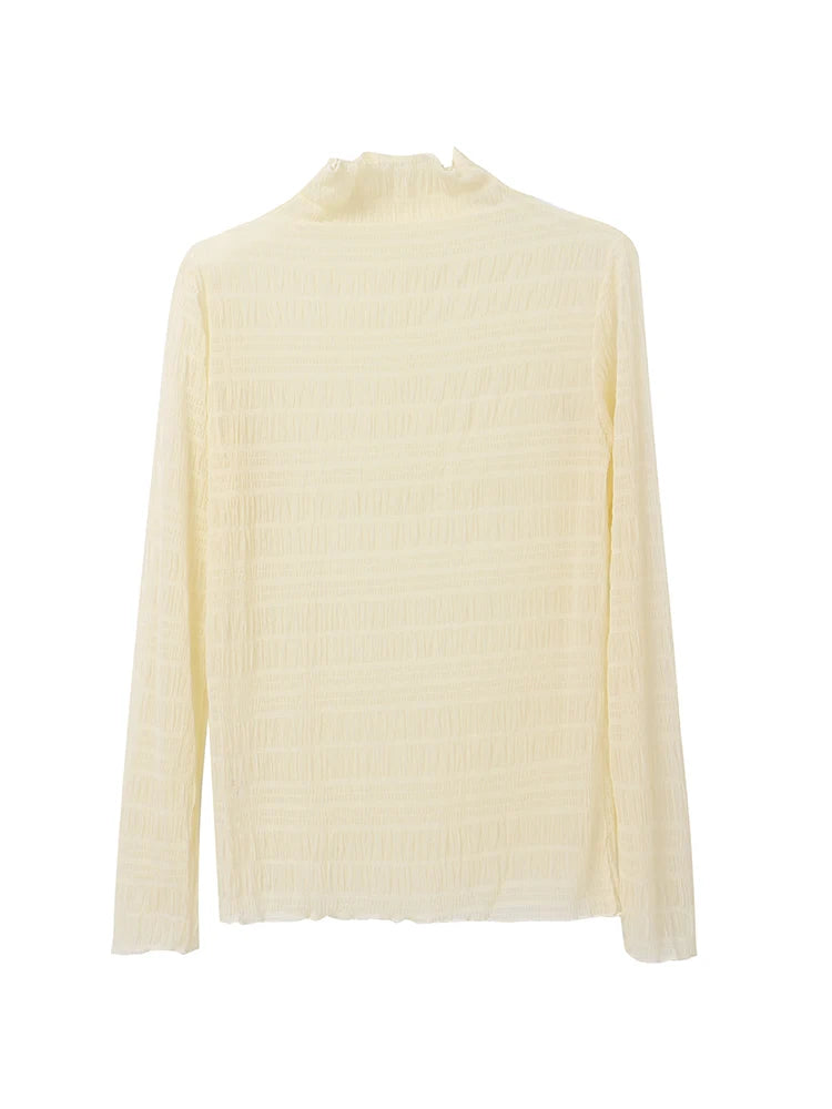 Hnewly Women T-Shirts Vintage Pleat Long SleeveTop Spring Autumn Mesh Fabric Lace Half Turtleneck Korean Fashion All-match Shirt