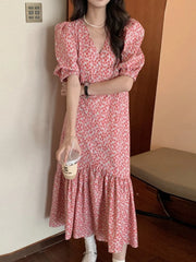 Hnewly Puff Sleeve Aesthetic Dresses for Women Summer Floral Printing Draped V-neck Harajuku Korean Style Spliced Sweet Girlish Retro