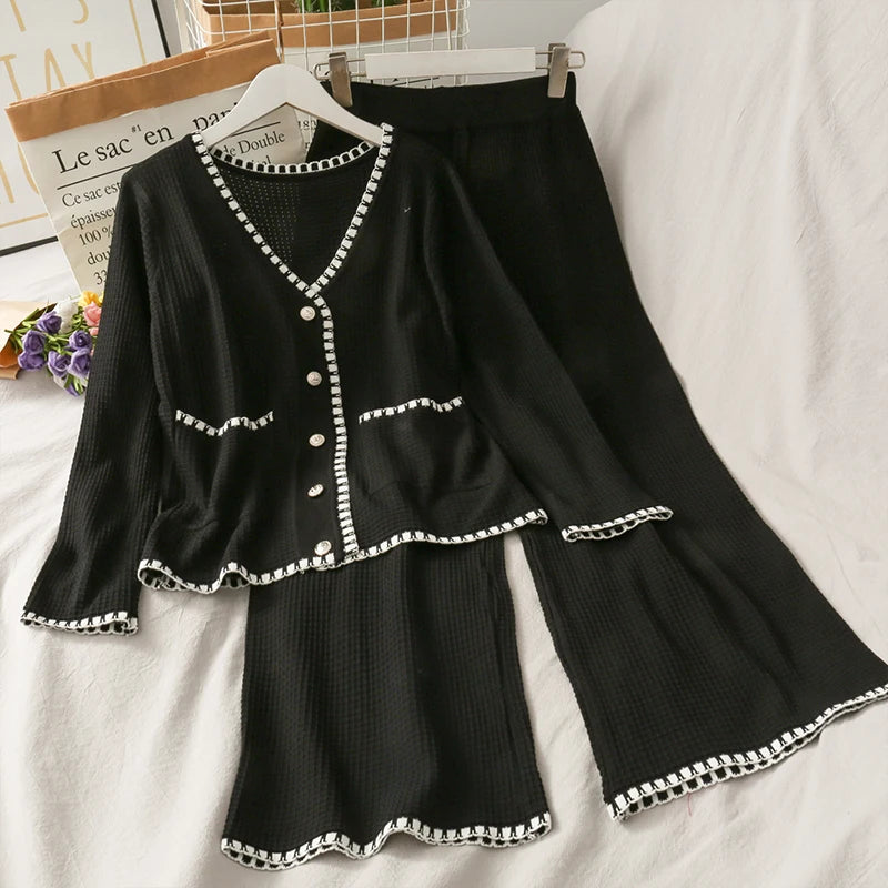 Hnewly  Autumn Spliced Color Knitted 2 Piece Sets Women Elegant V-neck  Single Breasted Cardigan And High Waist Wide Leg Pants Suit