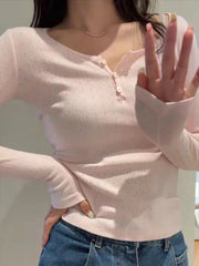 Hnewly  Hollow Out Pink Long Sleeve T-Shirt Summer Round Neck Buttons Cotton Slim Sexy Top for Woman Vintage Sweet Cute y2k Tops Chic