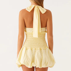 Hnewly Smocked Halter Mini Dress y2k Women Summer Solid Color Sleeveless Backless Short Dress Beach Party Dresses Clubwear