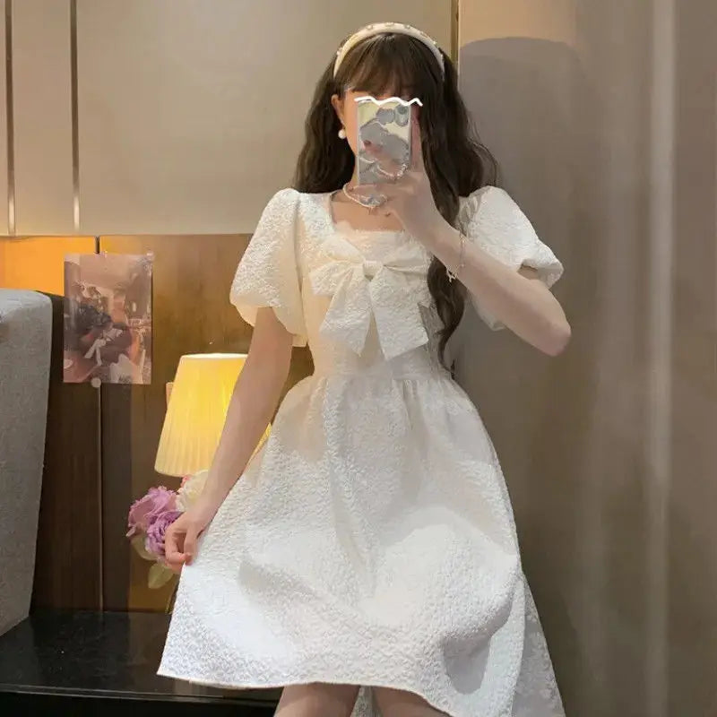 Hnewly DRESS TO IMPRESS Casual Puff Sleeve Fairy Dress White Women's Dresses High Quality Cute Kawaii Fashion Preppy Loose Y2k Fairy Grunge Baby Doll
