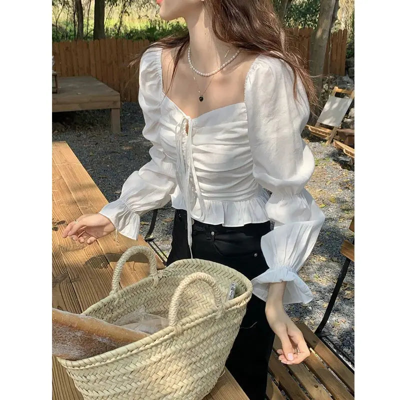 Hnewly Blouses Women French Style Vintage Spring Flare Sleeve Design Aesthetic Clothing Bandage Navel Crop Top Camisa De Gasa Fashion
