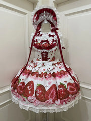 Hnewly  Original Design Sweet Lolita JSK Dress Women Summer Cute Bow Strawberry Print Princess Strap Dresses