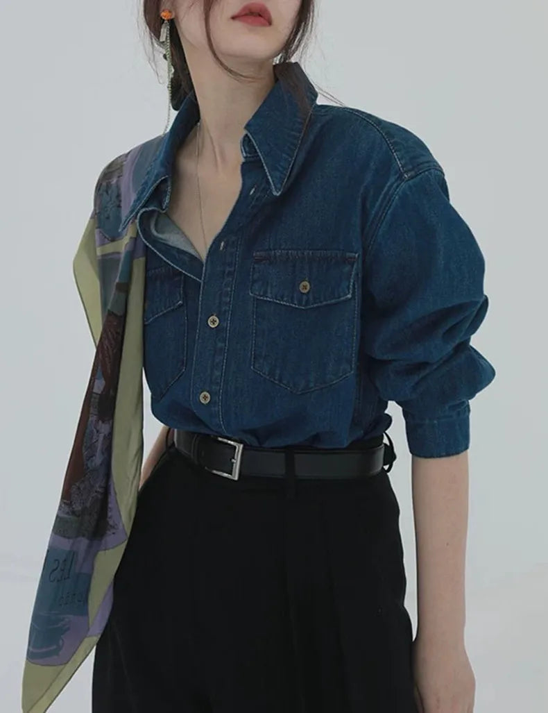 Hnewly  Women Denim Shirt Long Sleeve Polo -Neck French Retro Spring Autumn New Korean Style Slim Washed Denim Coat Femal Casual Shirt
