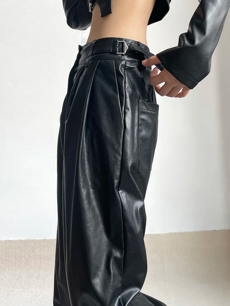 Hnewly Faux Leather Pants Matching Belt Streetwear Chic Black Baggy PU Trousers Y2K Hip Hop Grunge Loose Straight Sweatpants