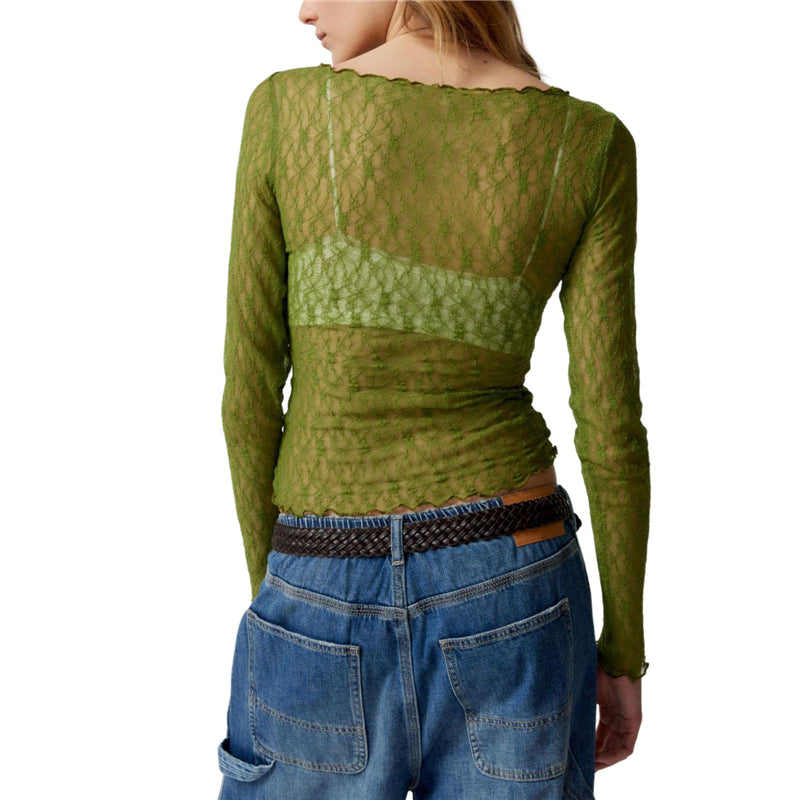Hnewly Lace Tops for Women y2k Clothes Sheer See Through Round Neck Long Sleeve Ruched T Shirt 2000s Clothing Party Clubwear