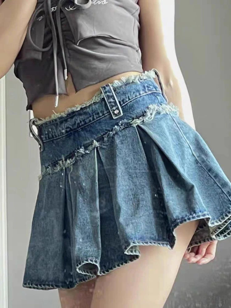 Hnewly Streetwear Pleated Skirt Denim Women Sexy Y2k Mini Skirt Summer Chic High Waist Korean Fashion Slim Aesthetic Harajuku