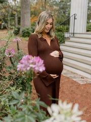 Hnewly  Maternity Ribbed Knit V Neck Long Sleeve Bodycon Dress Casual Pregnancy Outfit Soft Stretchy Slim Fit Gown for Women Daily Wear