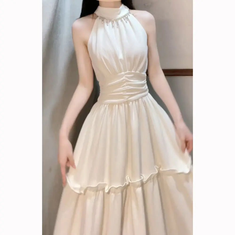 Hnewly  Halter Woman Dresses Ruffles Elegant Spring Summer Long Dress Korean Fashion Sleeveless Vintage Vestidos Mujer