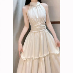 Hnewly  Halter Woman Dresses Ruffles Elegant Spring Summer Long Dress Korean Fashion Sleeveless Vintage Vestidos Mujer