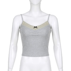 Hnewly y2k Bow Knitted Crop Top Lace V Neck Mini Vest Women Cute Basic Camis Harajuku Grey Sweats Chic Aesthetic Korean Tee