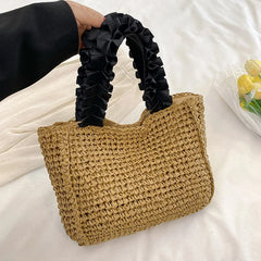 Hnewly  Ruched Handle Straw Bag Bohemian Woven Bags for Women Purses and Handbags Paper Rope Beach Bag Shoulder Bags Small Shopper Tote
