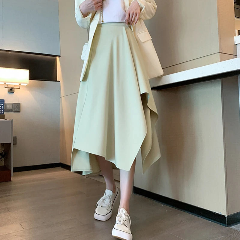 Hnewly  New High Waist Irregular Midi Skirt Women Fashion Design Pleated Skirts Woman Elegant Solid Color Office Long Skirts Ladies