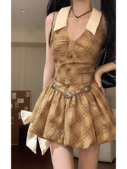 Hnewly Elegant Vintage Plaid Dresses Women Casual Sexy Bodycon Bow Ruffles Mini Dress Short Party Fashion Sweet One Piece Dress Korean
