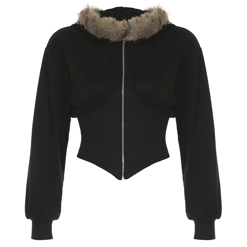 Hnewly y2k Jacket Women Punk Gothic Clothes Solid Color Fur Collar Zip Up Long Sleeve Coat 2000s Grunge Clothing Streetwear
