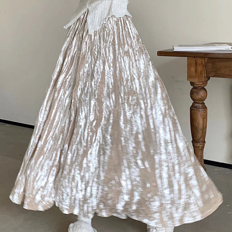 Hnewly  Luxury Solid Velvet Skirts Woman Summer Autumn Korean A-Line Folds Long Skirts for Women Temperament High Waisted Women's Skirts