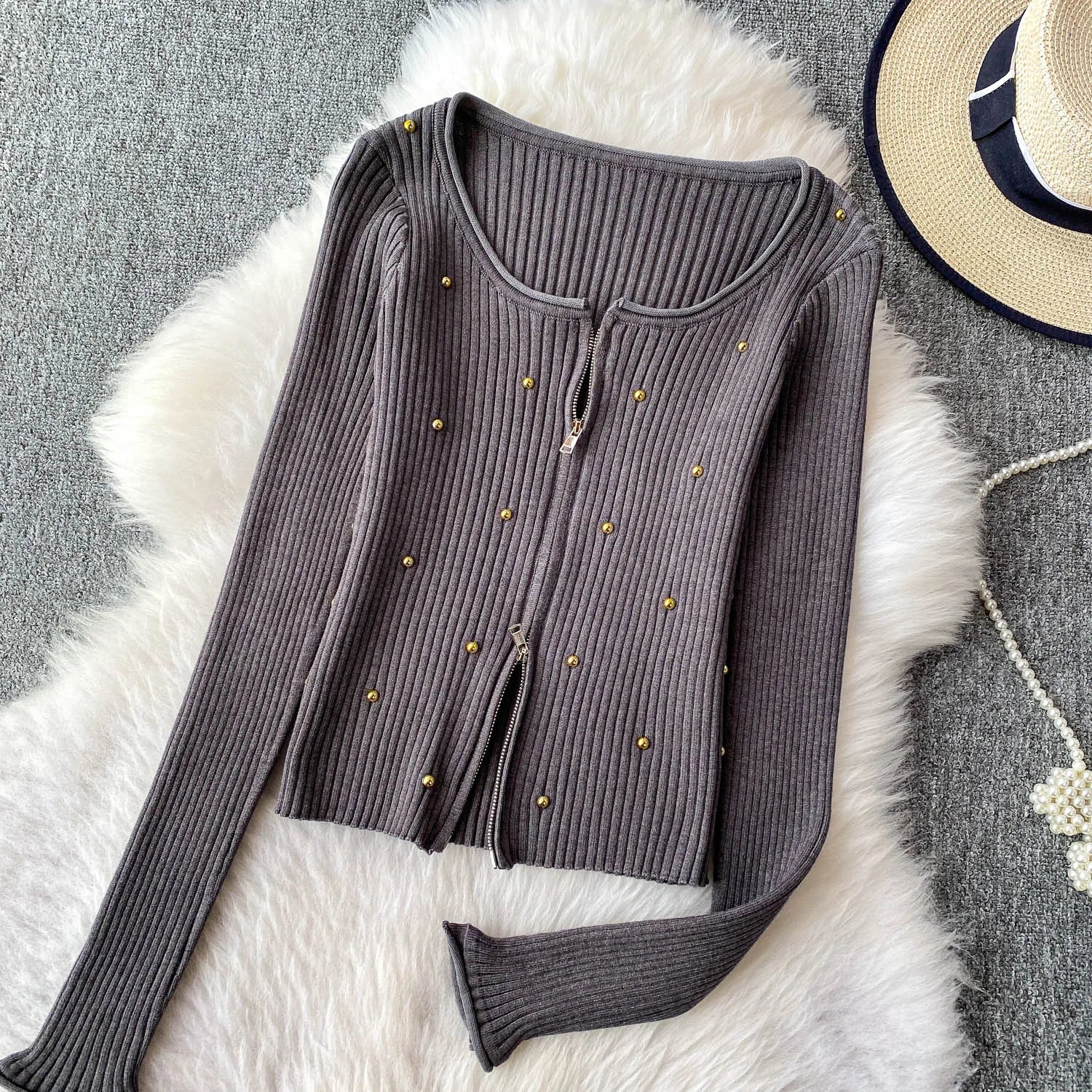 Hnewly  Beading Knitted Striped Zippered Sweater Cardigan Women's Spring Autumn O-Neck Top New Loose Harajuku Long Sleeved Outwear