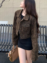 Hnewly  Y2K Cropped Leopard Denim Jacket Women Vintage Streetwear Long Sleeve Slim Short Coat American Harajuku Female Hip Hop Tops