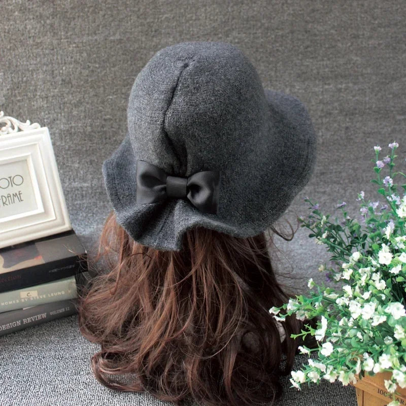 Hnewly Vintage Wool Bucket Hats Women Fashion Bows Basin Fisherman Hat Winter Black Coffee Dark Camel Hat Ladies Head Accessories