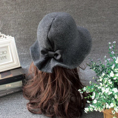 Hnewly Vintage Wool Bucket Hats Women Fashion Bows Basin Fisherman Hat Winter Black Coffee Dark Camel Hat Ladies Head Accessories