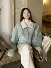 Hnewly  Faux Suede Lamb Jackets Women Winter Warm Thick Sweet Cute Short Coat Korean Vintage Loose Long Sleeve Preppy Style Tops