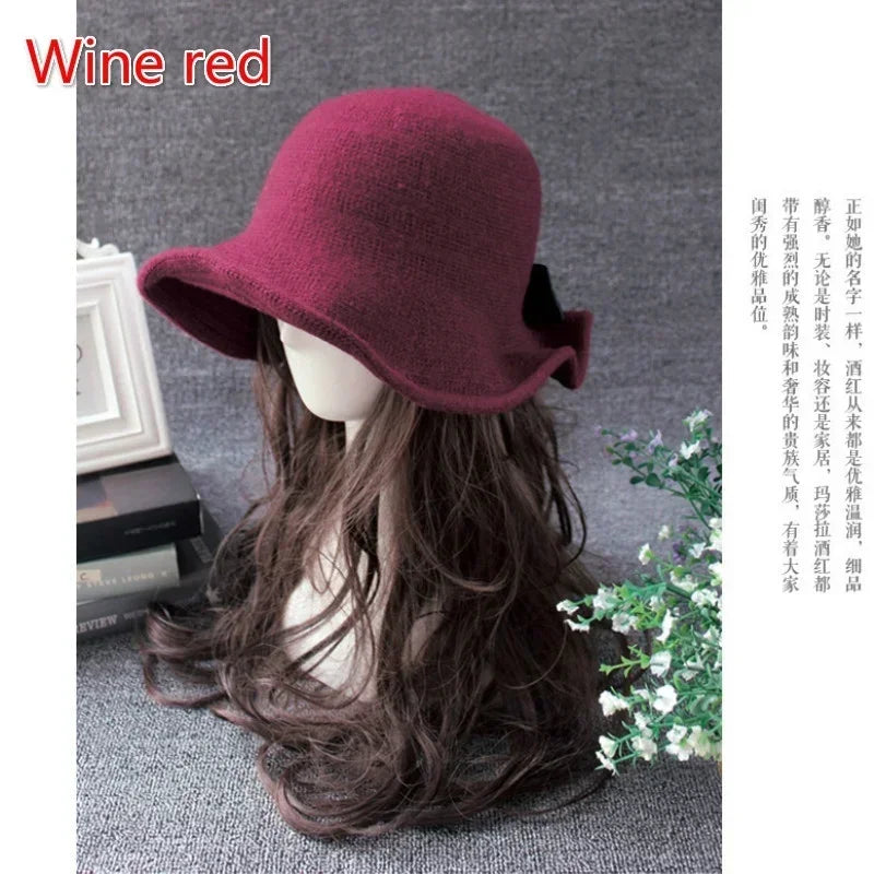 Hnewly Vintage Wool Bucket Hats Women Fashion Bows Basin Fisherman Hat Winter Black Coffee Dark Camel Hat Ladies Head Accessories