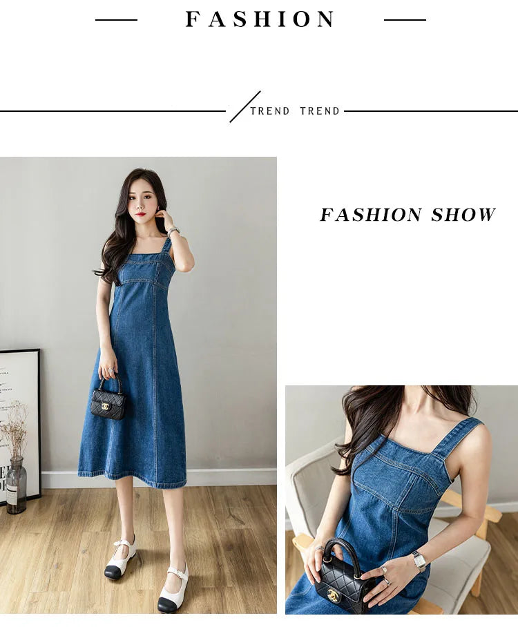Hnewly  Denim Spaghetti Strap Dress New Summer Women's Retro Strap A-Line Dress Classic Blue Tea-Length Versatile Slim Sun Dresses