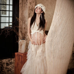 Hnewly  French Vintage Maternity Photoshoot Dress 3 Piece Set Flowy Lace Top with Skirt Hat Pregnancy Photo Shoot Outfit Studio Props