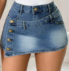 Hnewly  Women's High - Waisted Denim Sexy Mini Skirt Asymmetrical with Button Detail Pocket Design Casual Skirt for Daily and Summer