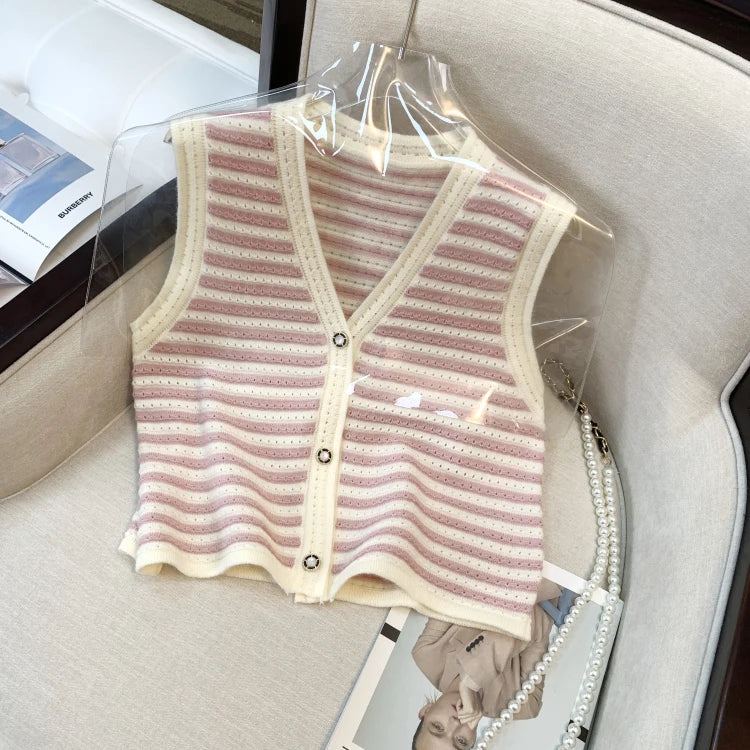 Hnewly  Spring V-Neck Striped Knitted Vest Korean Hollow Out Sleeveless Top Women's 2023 Autumn Loose All-Matched Outwear Cardigan Tank
