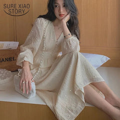 Hnewly New Vintage French Puff Sleeve Midi Dresses for Women Korean Sequins Party Dress V Neck Elegant Fairy Wedding Dress Robe