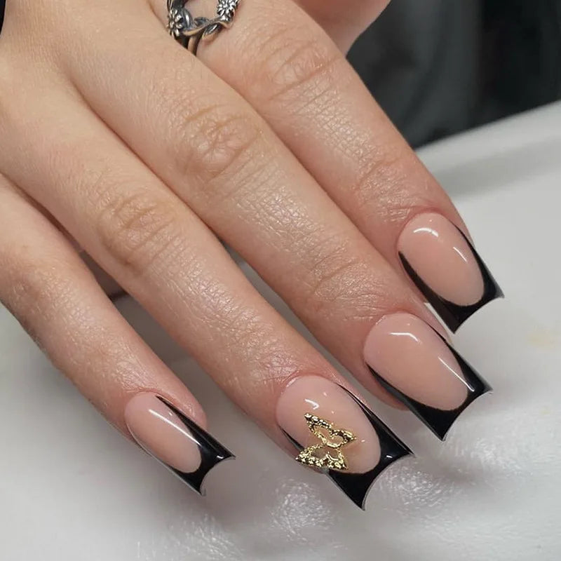 Hnewly Black French Style Fake Nails Charms Pink Flower Designs Square Head Press on Nails Women Girls Detachable False Nails Tips