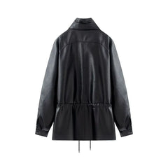 Hnewly  Women's Faux Leather Jacket Double Collar Drawstring Waist Mid-Length Double Breasted – Autumn Fashion Outerwear for Daily & Off