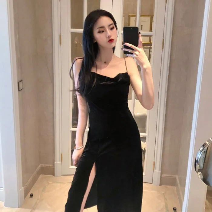 Hnewly New Vintage Women Dress Spaghetti Strap Slit Velvet Black Dress Sexy Bodycon Bandage Dress Midi Party Dress Verano Vestidos