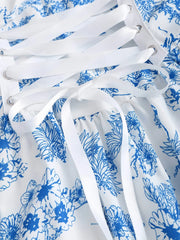 Lunivop  Blue and white floral printed spaghetti strap sweetheart neck high waisted puffy dress