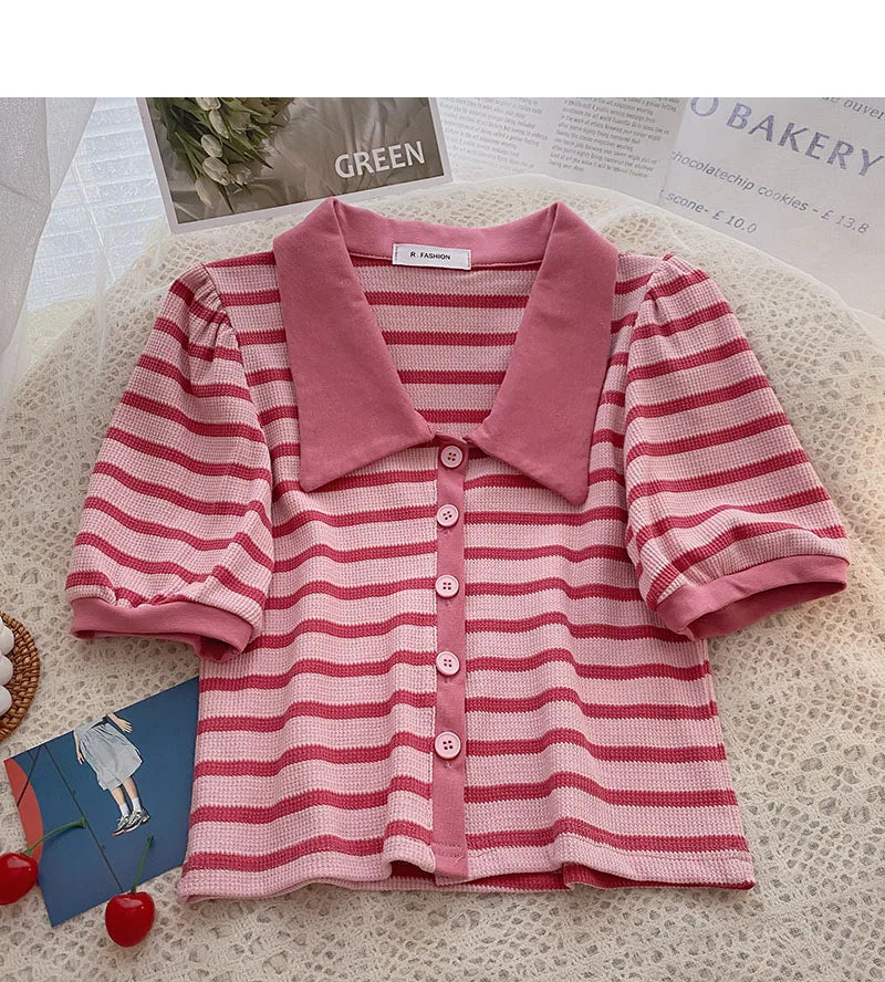Hnewly Korean Contrast Stripe T-shirt Cardigan 2025 New Summer Women's Commuting Fashion Buttons Lapel Shirt Slim Versatile Top Trend