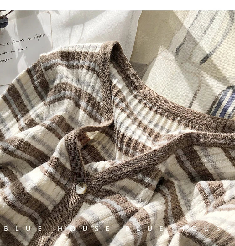 Hnewly  Women's Retro Striped Sweater Korean V-neck Contrasting Spring Autumn Long Sleeved Knitted Cardigan Coat  All-Matchded Loose Top
