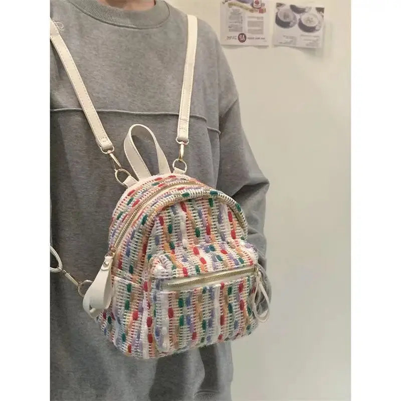 Hnewly  Rainbow Knit Backpack Women Harajuku Color Block Small Capacity Student Backpack Ladies Fashion Unique Daily Mochilas Mujer