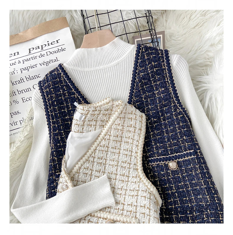 Hnewly  Women New Autumn Tweed Elegant Vintag Vest V-neck Sleeveless Slim Pockets Waistcoat Ladies Fashion Womens Short Small Vest