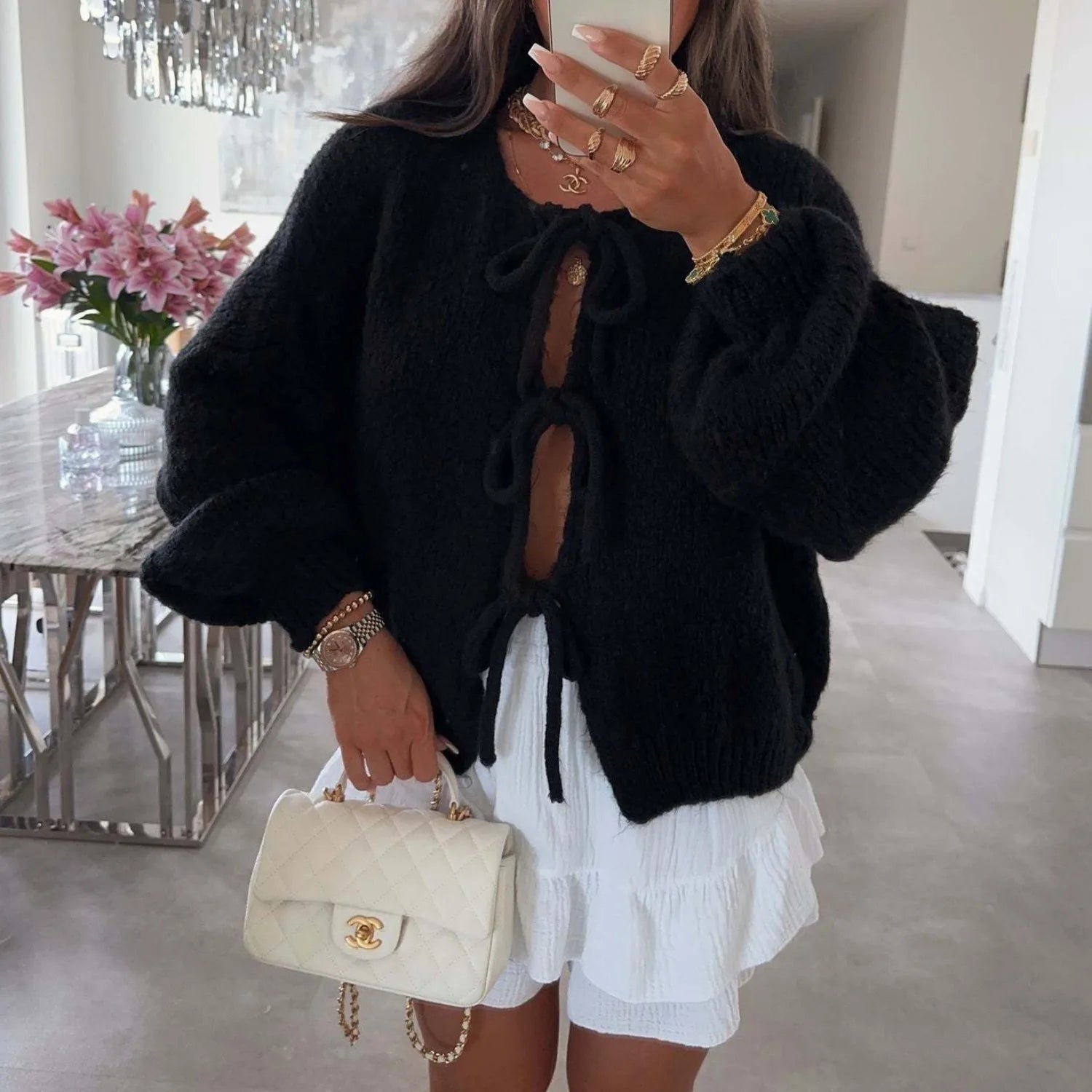 Hnewly  Bow Tie Front Cardigan for Women Long Sleeve Knitted Jacket Sweater Autumn Winter Knitwear Teen-girl Y2K Cute Outfit